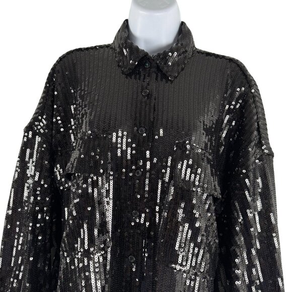 Pilcro Sequins Shirt Large Black Button Front Long Sleeve Party Holiday TP-3556 - Picture 3 of 10
